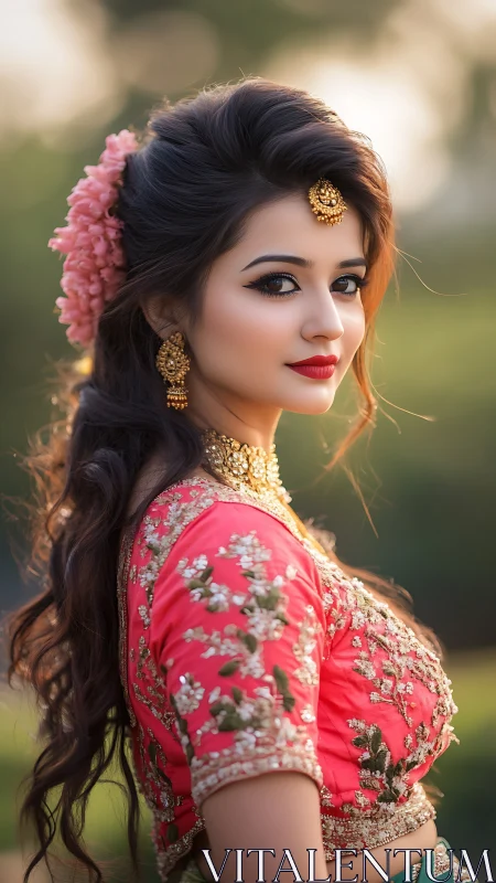 Bridal portrait with ornate florals and controlled bokeh depth.