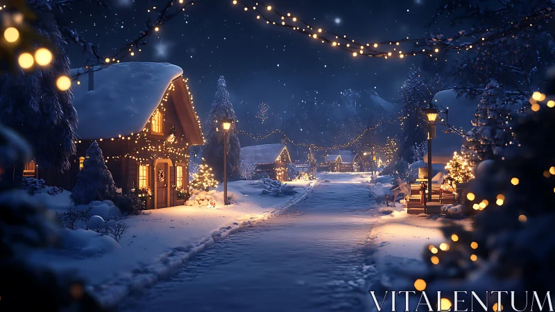 Snow-dusted village lane glows under quiet winter starlight