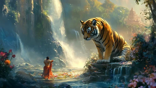 Waterfall shrine where monk and titan tiger share quiet vows.