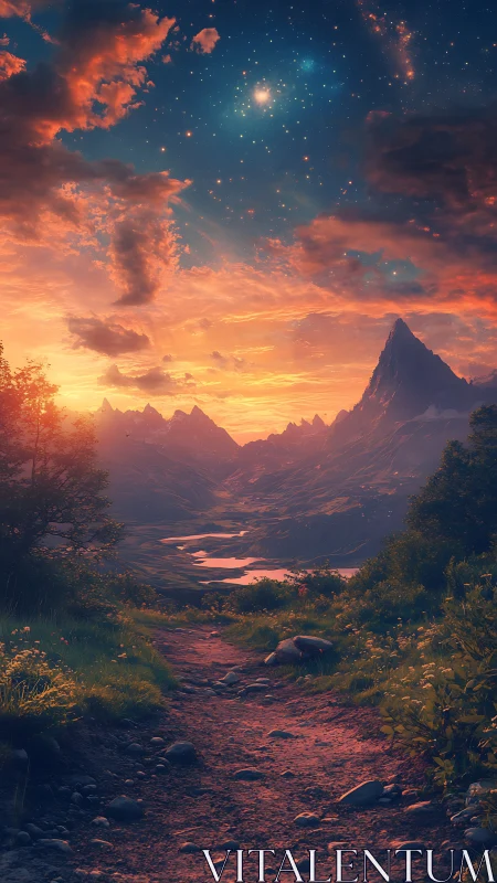 Starlit mountain valley glows under a vivid fantasy sunset