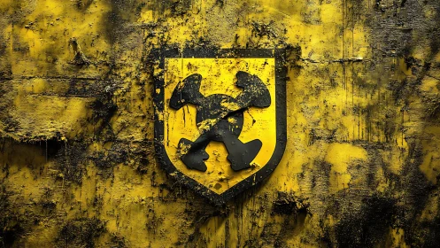 Grungy yellow crest displays bold crossed hammers in relief