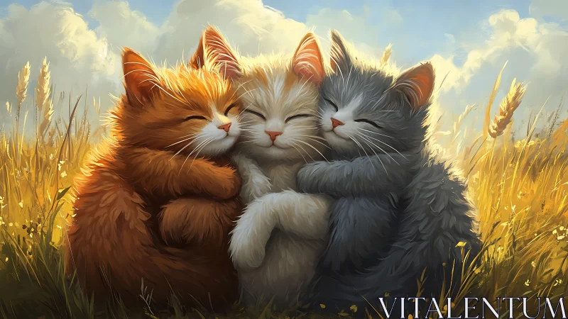 Three Felids in Golden Wheat Field with Atmospheric Luminosity