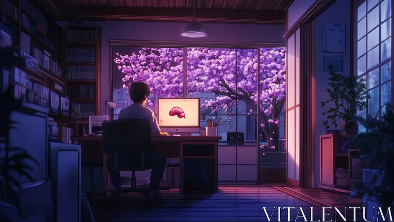Digital study with sakura window and contemplative figure at desk.