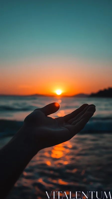 Outstretched hand beneath vivid orange ocean sunset glow.