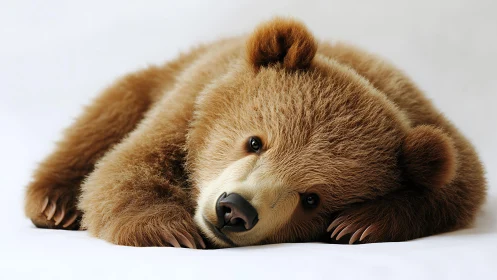 Brown bear cub lying on white studio surface.