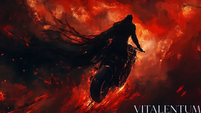Silhouetted motorcyclist amid red abstract fiery clouds.