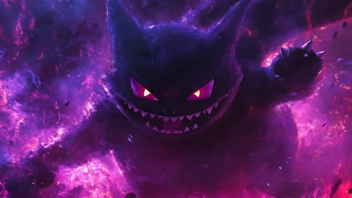 Ghostly grinning creature surging through neon purple flame.