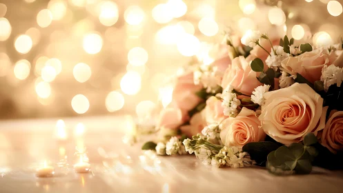 Photorealistic bridal roses with candlelit bokeh ambiance.