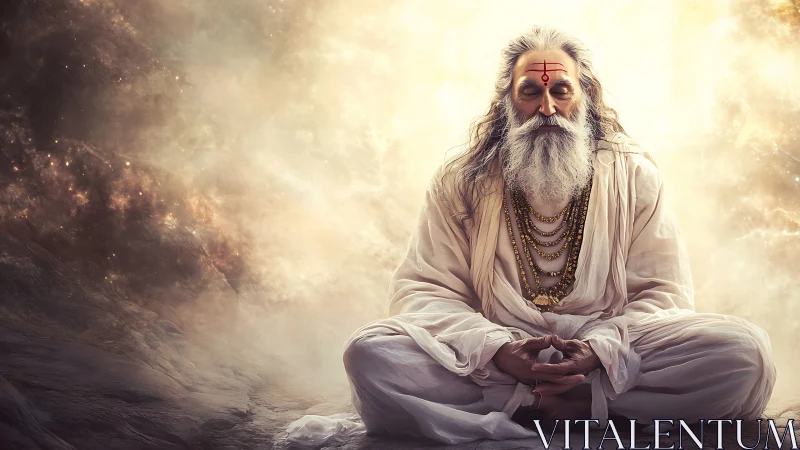 Enlightened sage in cosmic meditation rendered as digital painting
