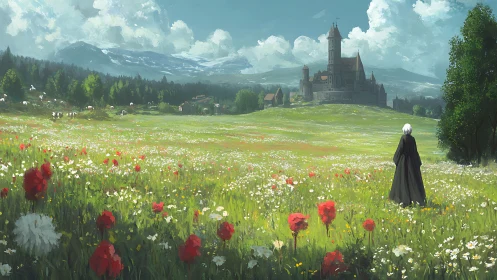 Quiet wanderer crossing a wildflower field toward home.