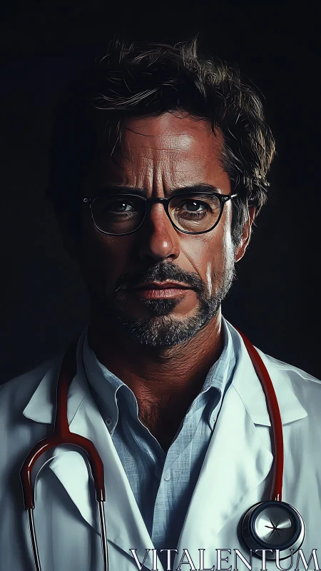 Hyperreal digital portrait of stern clinician in lab coat.
