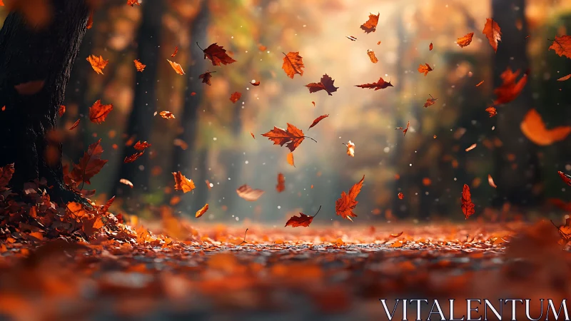 Autumn leaves spiral across a forest path in soft bokeh light
