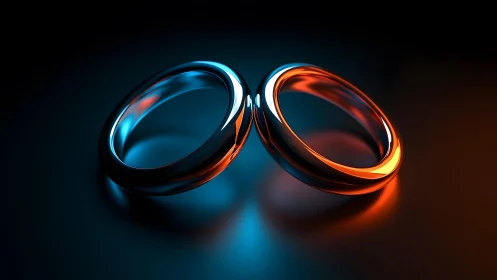 Two interlocked metallic rings with blue and orange neon lighting.