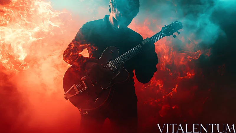 Guitarist carves molten riffs through swirling neon fire