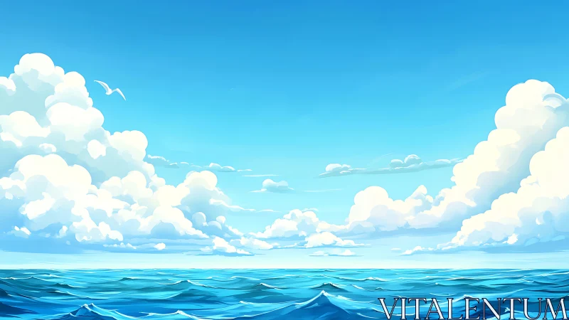 Bright blue ocean horizon under tall white cloud banks.