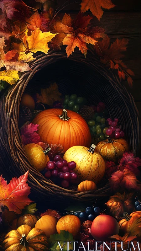 Autumn cornucopia still life with pumpkins, grapes, maple leaves