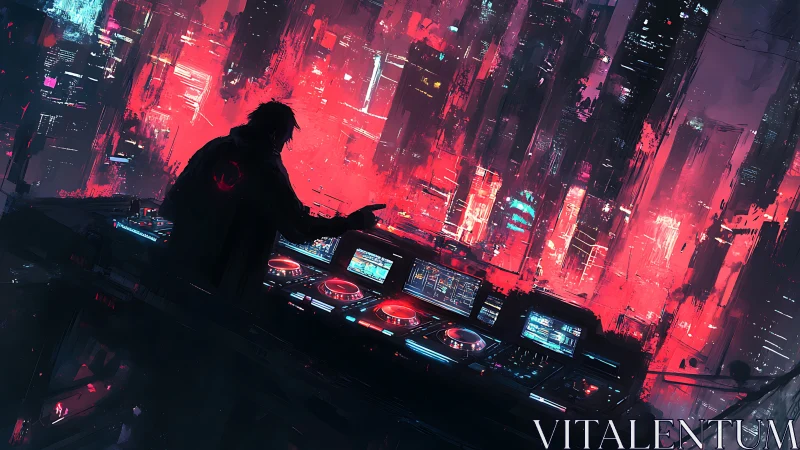 Neon skyline DJ conducting a cyberpunk midnight uprising.