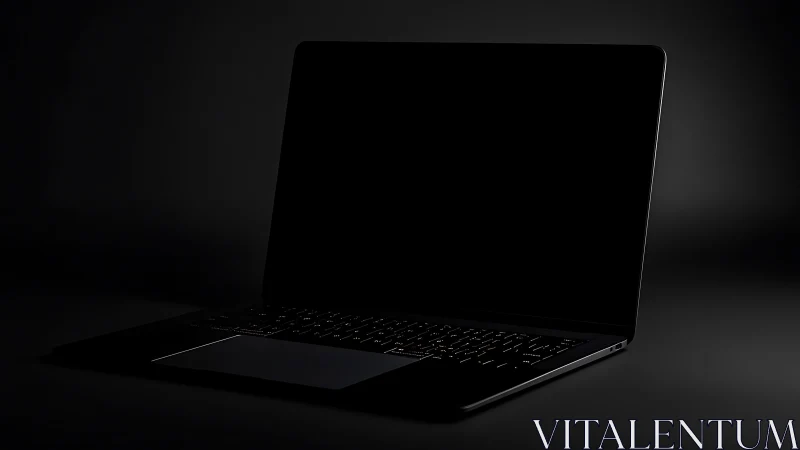 Midnight laptop waits in the dark, screen silent and sleek.