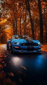 Blue muscle car storms through blazing autumn tunnel road.