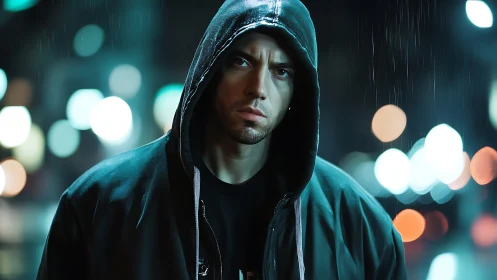 Mysterious figure emerges from the rain-soaked urban night