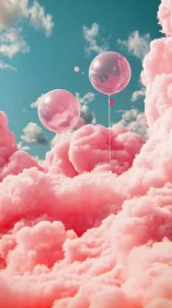 Spherical balloons rise above volumetric pink cloud forms