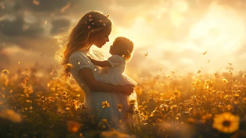 Mother and child in golden flower field at sunset