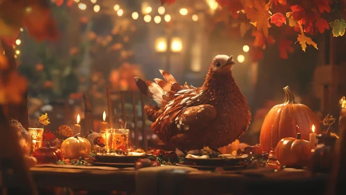 Autumn banquet bird rules a glowing harvest feast table.