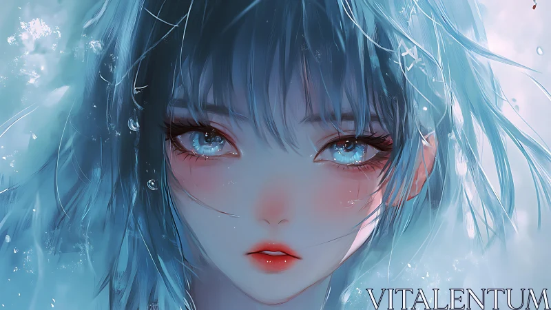 Close-up portrait of blue-haired anime girl in water.