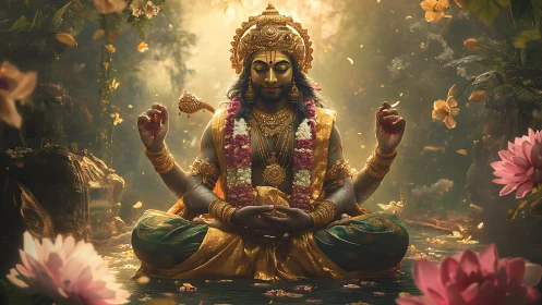 Divine yogic figure in lotus pose rendered as luminous digital art