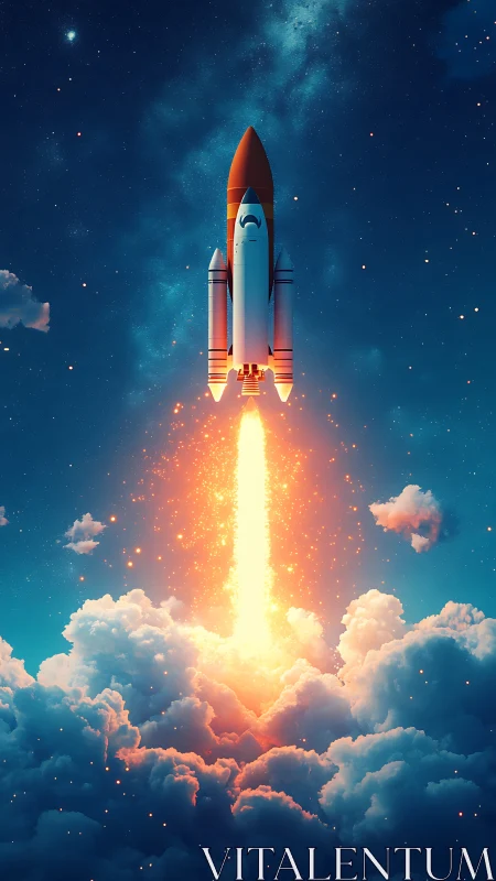 Space shuttle launch above clouds with bright exhaust plume.