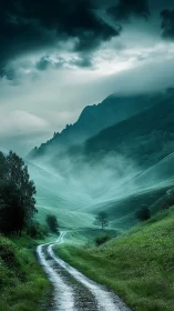 Misty emerald valley road under dramatic storm clouds.