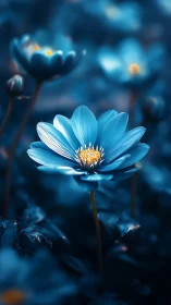 Luminous Blue Flower with Golden Center in Twilight.