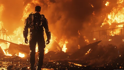 Armored lone figure advances through towering urban inferno