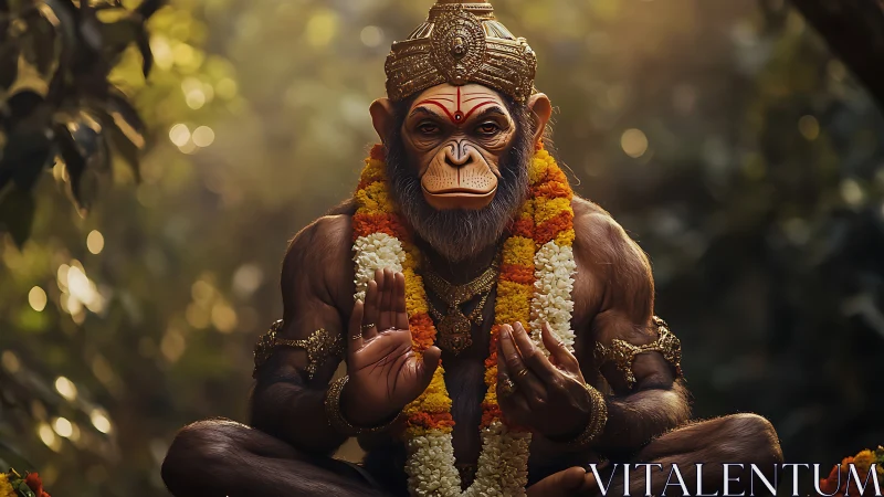 Simian deity figure in forest with garlands and crown.