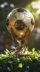 Golden soccer trophy glowing in soft garden sunlight.