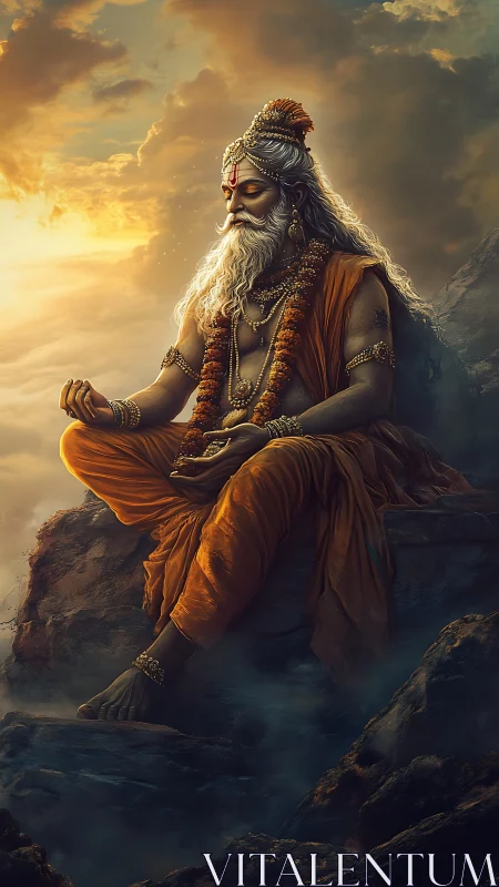 High-altitude sage in meditative asana amid volumetric clouds.