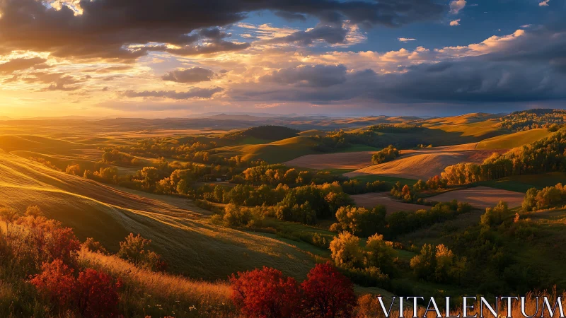 Radiant low-sun illumination over rolling agrarian valleys.