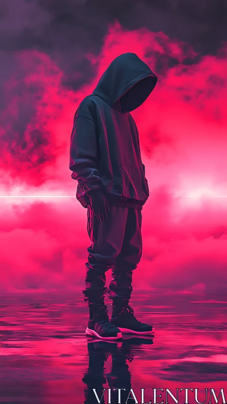 Hooded figure stands in neon magenta fog with reflective floor