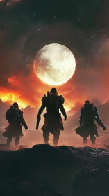 Three armored soldiers under giant moon on fiery horizon