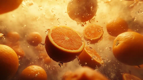 Fresh orange halves and whole fruit floating in golden water.