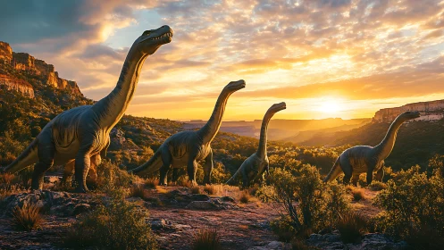 Sauropod dinosaurs traverse rocky valley under vivid sunset