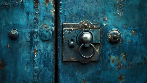 Weathered blue door with vintage metal lock inviting curiosity.
