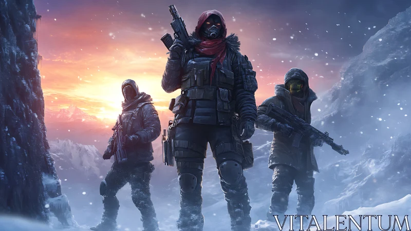Brave winter squad stands strong in a glowing frozen frontier.