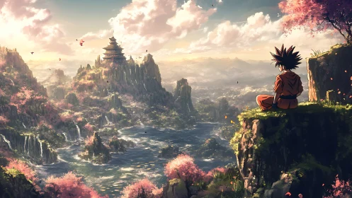 Solitary warrior overlooking cherry-lit mountain kingdom.