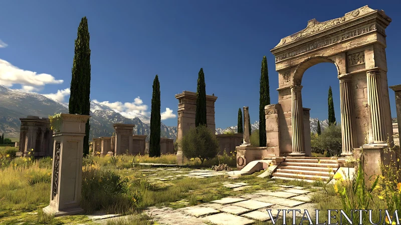 Ancient stone arch and columns in sunlit landscape.
