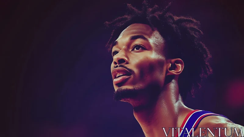 Focused basketball player gazes upward under arena lights.