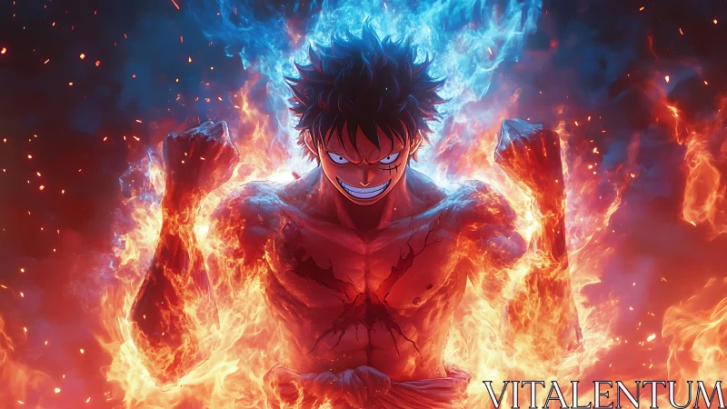 Bicolor elemental fighter framed by symmetric thermal flames.