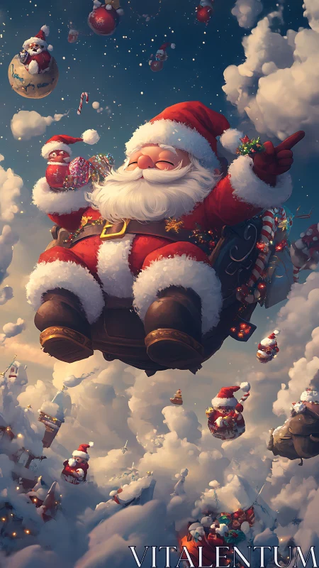Santa soars through glowing winter sky in candy-lit sleigh.