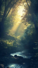 Forest Stream in Golden Light.