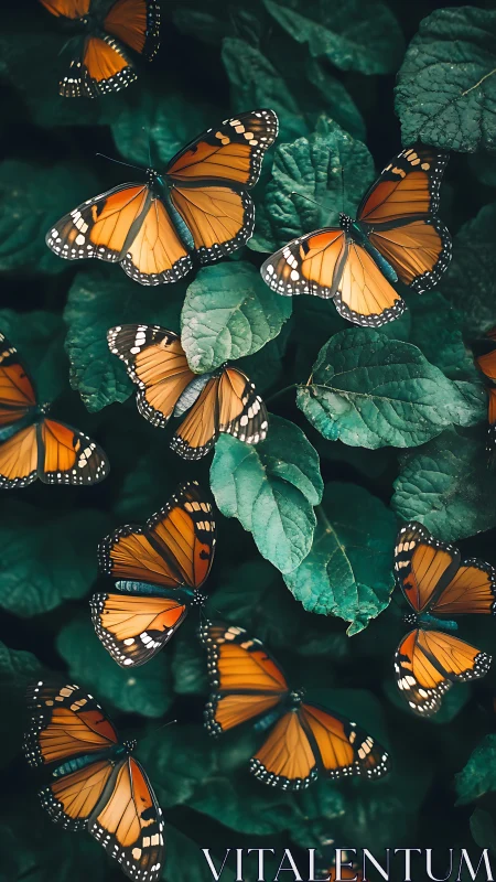 Cluster of orange butterflies resting on dense green leaves.